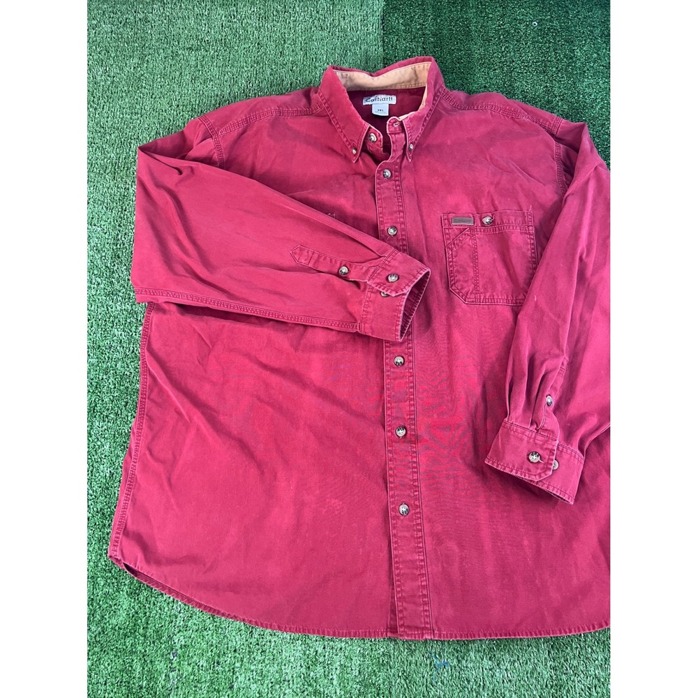 Carhartt Mens 2XL Red Cotton Canvas Long Sleeve Button Down Work Shirt Cotton